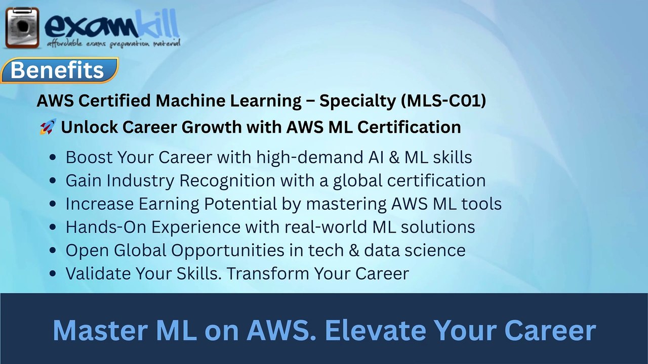 AWS Certified Machine Learning – Specialty (MLS-C01) 🚀 Master ML on AWS ✅ Data Engineering  Model Building  MLOps ✅ For ML Engineers, Data Scientists, AI Developers 🕒 180 mins  💲 $300  📚 1–2 Y