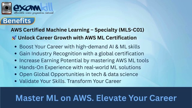 AWS Certified Machine Learning – Specialty (MLS-C01) 🚀 Master ML on AWS ✅ Data Engineering Model Building MLOps ✅ For ML Engineers, Data Scientists, AI Developers 🕒 180 mins 💲 $300 📚 1–2 Y