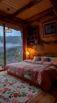 Charming Rustic Bedroom with Wooden Beams, Rainy Mountain View, Cozy Bed, Floral Carpet.#reel#reelinstagram#reelfacebook#fyp#foryou#luxurybedroomretreat#cozyhaven#softlightingbliss#luxuryliving#cozychic#bedroomoasis#peacefulretreat#follow