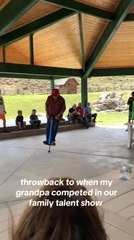 Grandpa Takes a Tumble Attempting Pogo Trick During Family Talent Show