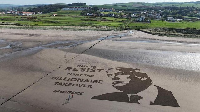 Huge protest artwork appears by Trump’s Scottish golf course