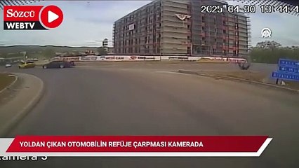 Yoldan çıkan otomobilin refüje çarpması kamerada