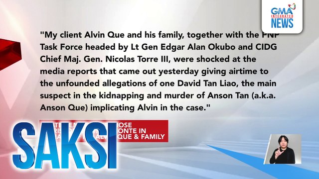 Anak ni Anson Tan na si Alvin Que at kanyang pamilya, naglabas ng pahayag | Saksi