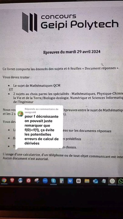 Remarque intéressante sur les réponses dans les QCM.#concours #polytech #geipi #terminalespemaths #terminale