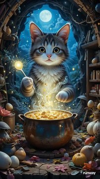 Gen-4 Turbo In an old attic, Mittens the tabby discovered a glowing cookbookEach page pulsed with magic collect singing onions, glowing mushrooms, cloud eggsShe tiptoed through moonlit fields and en
