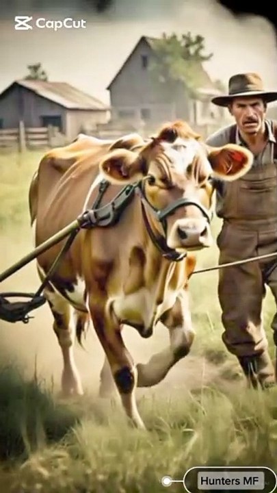 "Cruel farmer and The oppressed cow"/"The cruel farmer is taking different jobs from the poor cow"