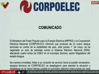 Corpoelec denuncia un nuevo ataque terrorista en contra de la estabilidad del país