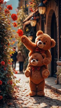 Two teddies helping each other