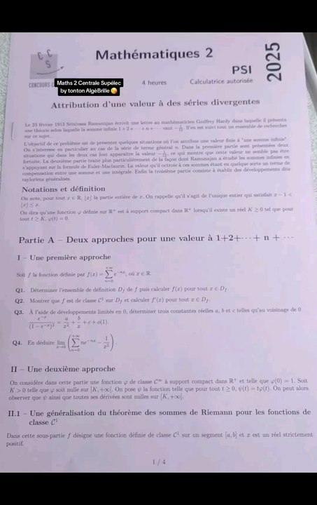 Sujet Centrale Supélec Maths 2 2025 PSISujet Maths 2 tombé le 02/05/25.#prepa #centrale #supelec  #psi #concours #concoursprepa
