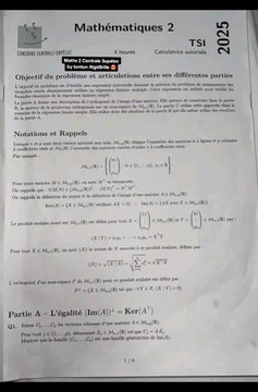 Sujet Centrale Supélec Maths 2 2025 TSISujet Mathématiques 2 tombé le 02/05/25.#prepa #centrale #supelec #tsi #concours #concoursprepa