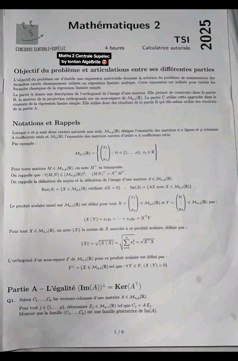 Sujet Centrale Supélec Maths 2 2025 TSISujet Mathématiques 2 tombé le 02/05/25.#prepa #centrale #supelec #tsi #concours #concoursprepa