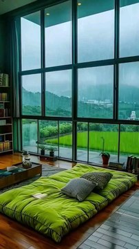 Modern Minimalist Bedroom with Scenic View, Large Windows, Wooden Floor, Green Futon, Bookshelf, Cozy Decor, Natural Light, and Plants.#reel#reelinstagram#reelfacebook#fyp#foryou#luxurybedroomretreat#cozyhaven#softlightingbliss#plushbedding