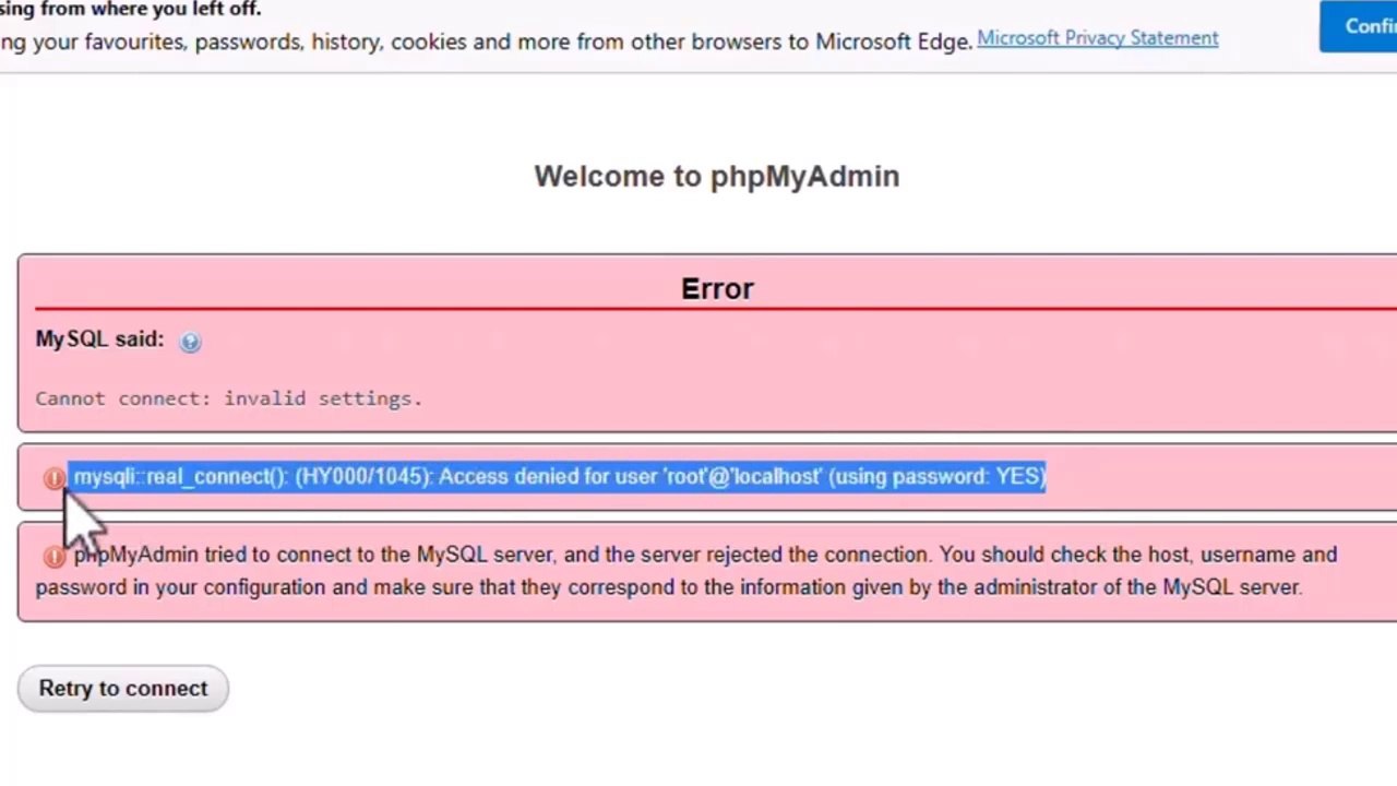 How do i fix access denied for user root @ localhost in XAMPP / phpMyAdmin