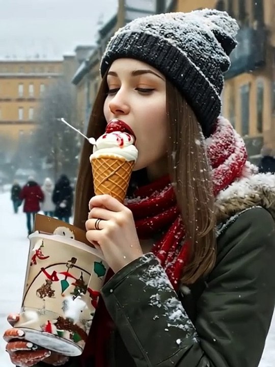 Créativité par Intelligence Artificielle : Une Jeune Russe Mange des Glaces en Hiver - Une Tradition Russe Réelle