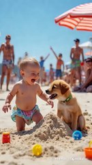 "Puppy & Baby Playful Moments on the Beach 🐶👶☀️"