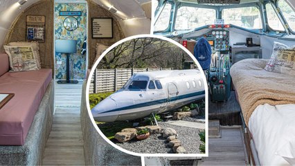 Dad turns 1970s private jet into tiny home - complete with original cockpit