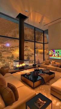 Open-Plan Living Room with Warm Ambiance, Modern Fireplace, and Panoramic Winter Wonderland Views in Upscale Elegance.#reel#reelinstagram#reelfacebook#fyp#foryo#luxuryinteriors#calmingatmosphere#peacefulretreat#follow
