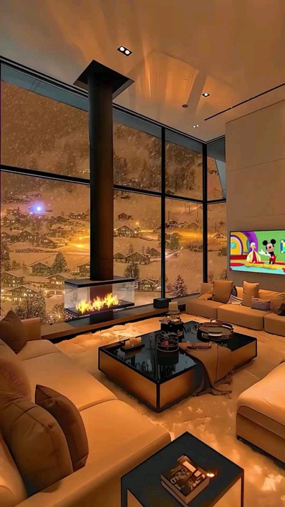 Open-Plan Living Room with Warm Ambiance, Modern Fireplace, and Panoramic Winter Wonderland Views in Upscale Elegance.#reel#reelinstagram#reelfacebook#fyp#foryo#luxuryinteriors#calmingatmosphere#peacefulretreat#follow