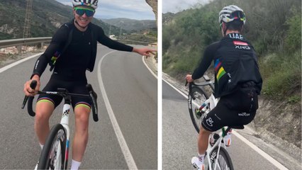 Cyclisme : Tadej Pogacar relève le défi du Wheelie Challenge 🚴‍♂️