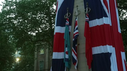 Cenotaph draped in Union Flag for VE Day