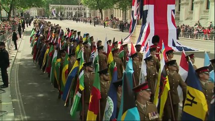 VE Day military parade marches past the Cenotaph