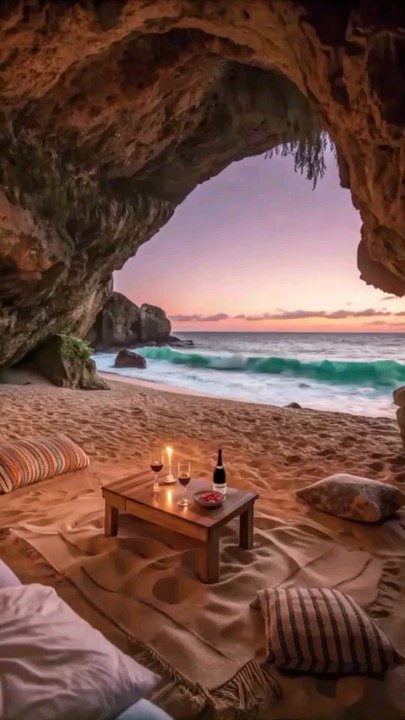 Beachside Cove: Sunset Picnic Setup, Fruit, and Candlelight Amidst Tranquil Ocean Views and Soft Pastel Skies.#reel#reelinstagram#reelfacebook#fyp#foryou#interiordecorating#homedetails#luxury#cozychic#bedroomoasis#peacefulretreat#follow