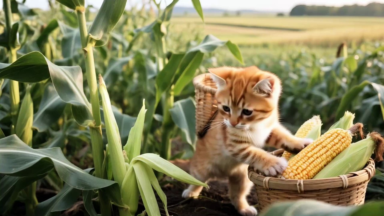 Kitten’s Devoted Aid: Harvesting Corn with Mama Cat for a Warm ...