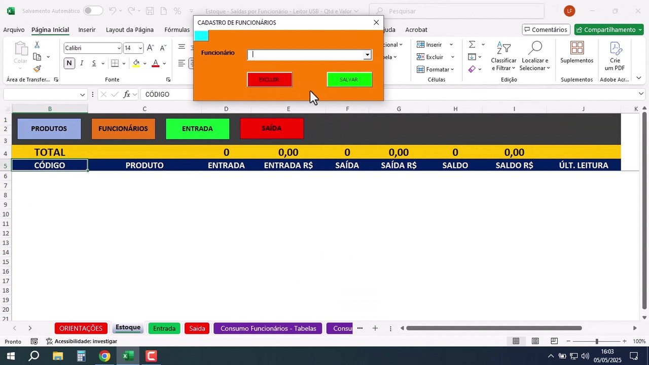 Controle de Estoque Simples Excel | Saídas por Funcionário | PLANILHA PRONTA