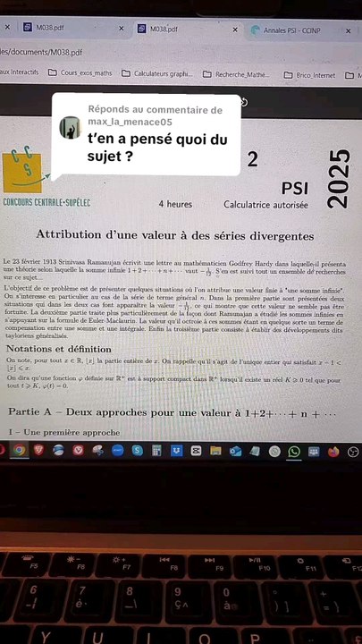 Mon avis sur le sujet Centrale Supelec Maths 2 PSI et 1+2+3+4+...=-1/12.#centrale #supelec #psi #ramanujan #euler