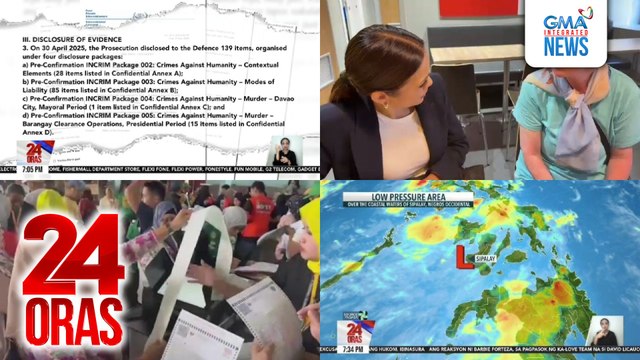 24 Oras: (Part 2) Karagdagang 139 na ebidensiya, isinumite ng prosekyusyon sa ICC vs FPRRD; kilalang psychologist na naabuso noon ng isang pari, naging katuwang ni Pope Francis vs church abuses; LPA na nakaapekto sa bansa mula noong weekend,..., atbp.