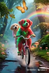 Two Happy Puppies Riding a Cycle in the Rain – A Colorful World of Joy!