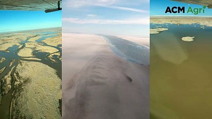 Floodwaters coming down the Warburton Groove into Lake Eyre.