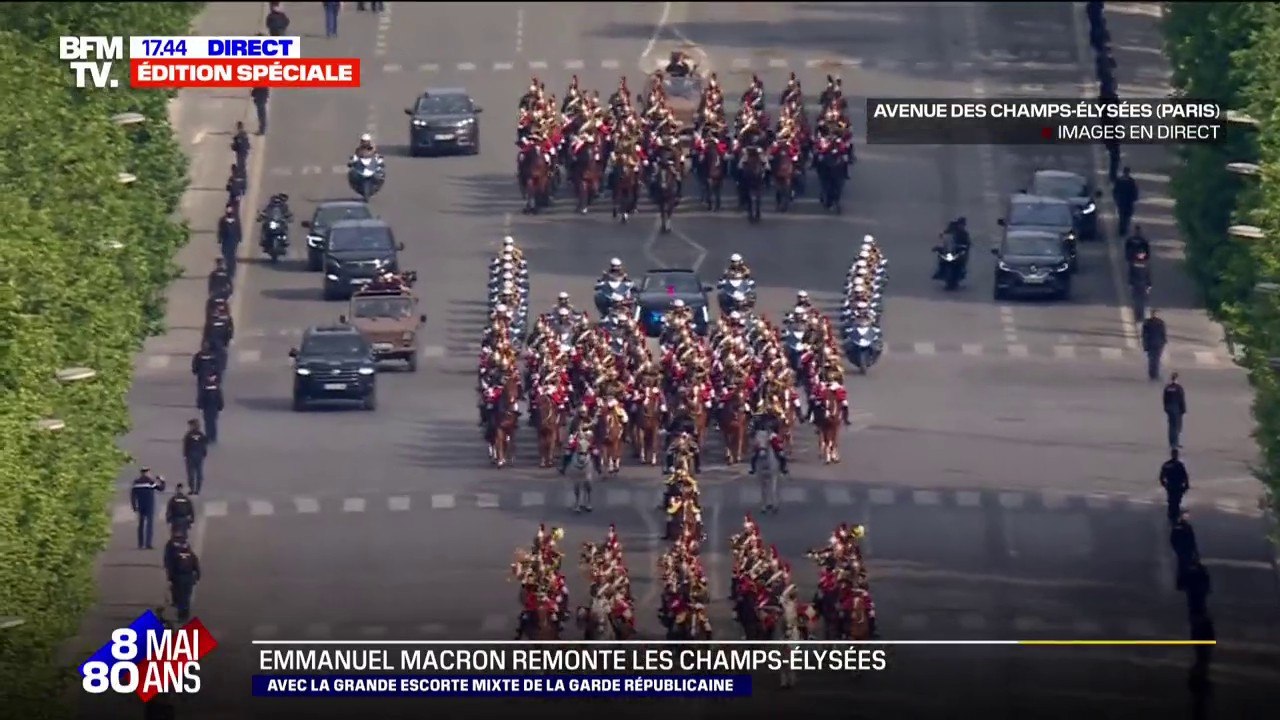 8-Mai: Emmanuel Macron remonte les Champs-Élysées avec la grande escorte mixte de la Garde républicaine