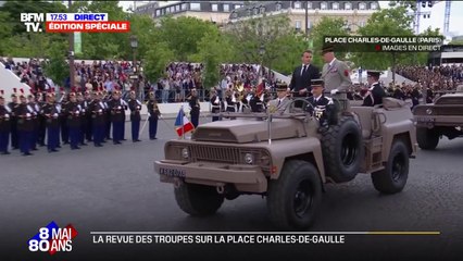 8-Mai: Emmanuel Macron passe en revue les troupes devant l'Arc de Triomphe