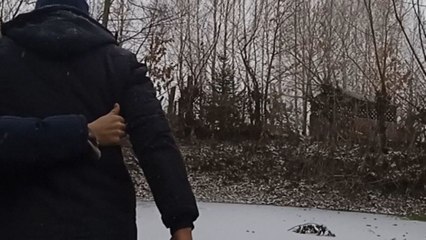 Runners ran across the frozen water but the ice cracked and gave a surprise