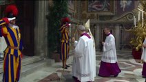 Pope Leo XIV arrives to hold a mass with the cardinal electors in the Sistine Chapel, a day after his election. He presides as Supreme Pontiff over his first Eucharistic celebration and will deliver the homily.