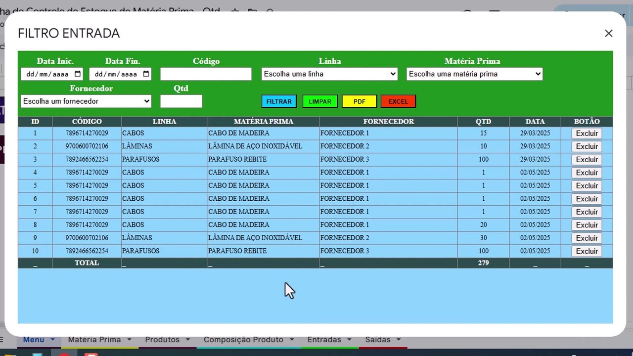 Planilha de Controle de Estoque de Matéria Prima | Google Sheets | Filtro de Entradas | PRONTA