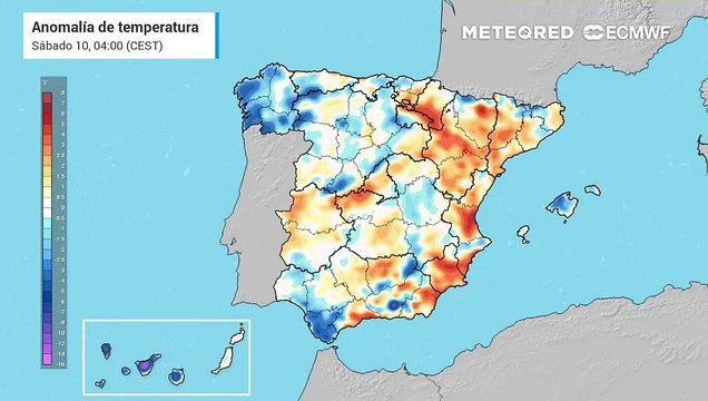 Anomalías de temperatura en superficie previstas para los próximos días por el modelo europeo.
