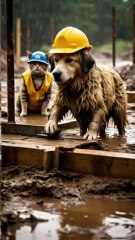 The construction worker (Dog & Cat) is performing construction work