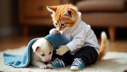 Tiny_Ginger_Cat_Rescues_a_Baby_Dog,_Brings_it_Home,_Cook_Delicious_Food___#cat_#cute_#funny