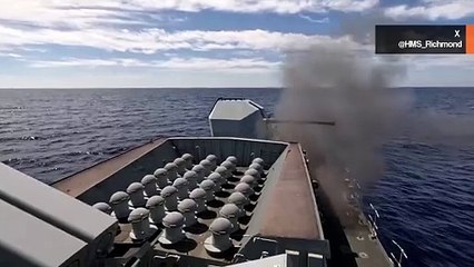 Video: HMS Richmond conducts gunnery practice as part of Operation Highmast
