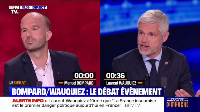 Laurent Wauquiez (LR) affirme que La France insoumise est le premier danger politique aujourd'hui en France , Manuel Bompard (LFI) lui répond en disant qu'il alimente les fantasmes sur LFI