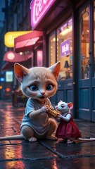 A cat and a mouse eating together.