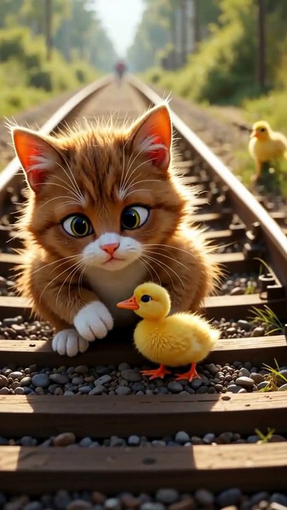 A cute little kitten playing with a chick.