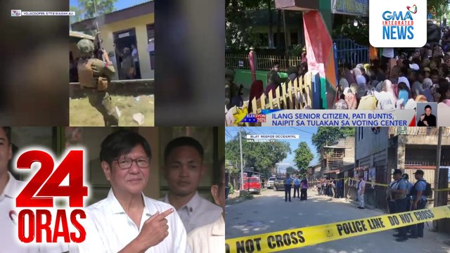 24 Oras: (Part 1) Mga naggigiriang supporter, pinaghiwalay ng PHL Army sa pamamagitan ng mga warning shot; ilang senior citizen, pati buntis, naipit sa tulakan sa voting center; 2 volunteer watcher ng isang kandidato, patay sa pamamaril, 7 sugatan, atbp.