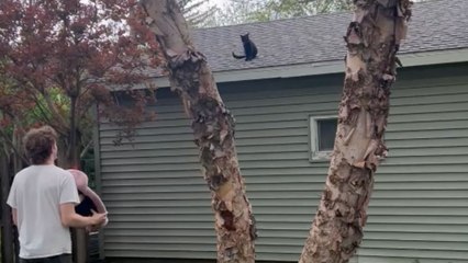 Young man saves his mischievous cat stuck on the rooftop