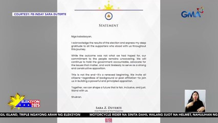 VP Duterte, kinikilala ang resulta ng eleksyon at nagpapasalamat sa lahat ng mga tagasuporta | Eleksyon 2025