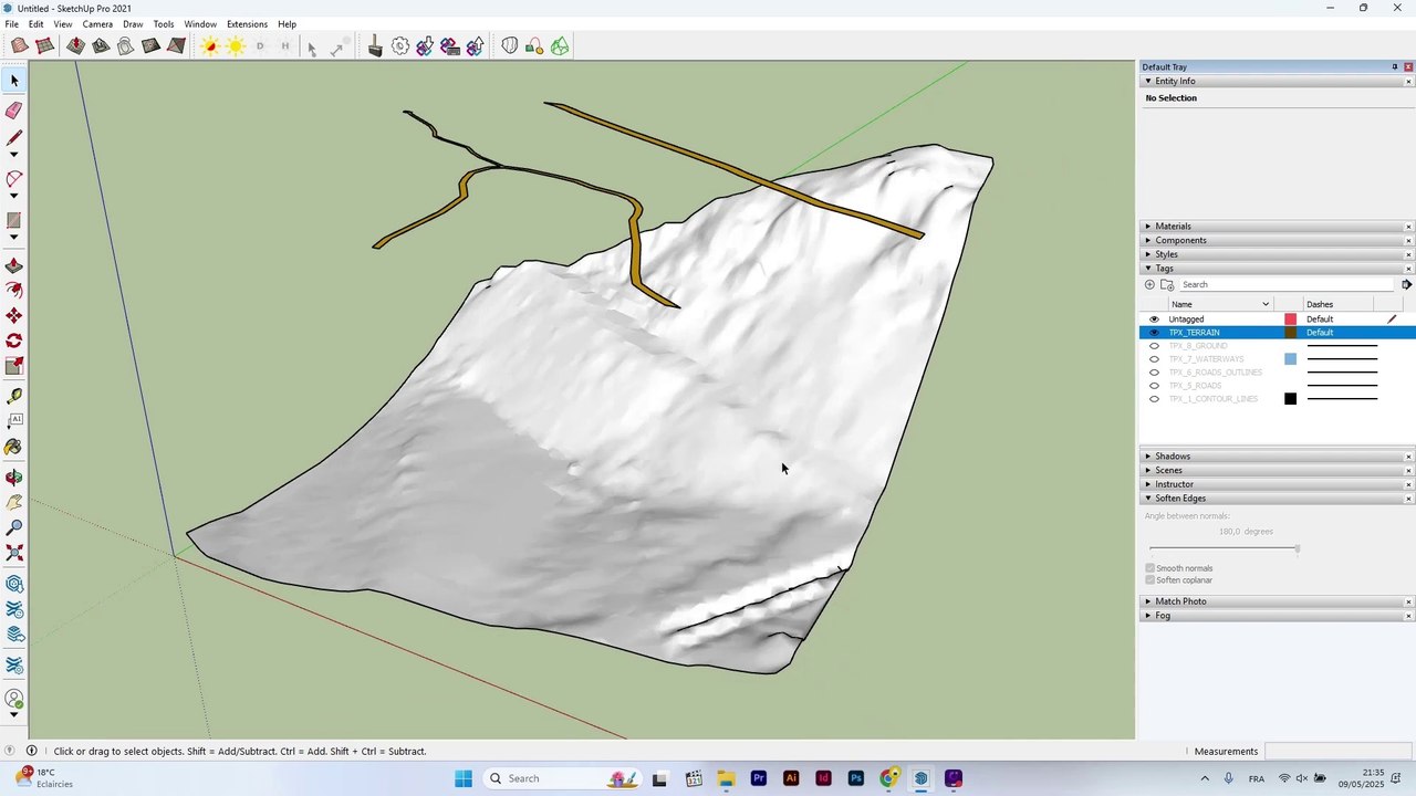 TopoExport.com - How to Project 2D Road Outlines onto a 3D Ground Mesh in SketchUp - Method 1