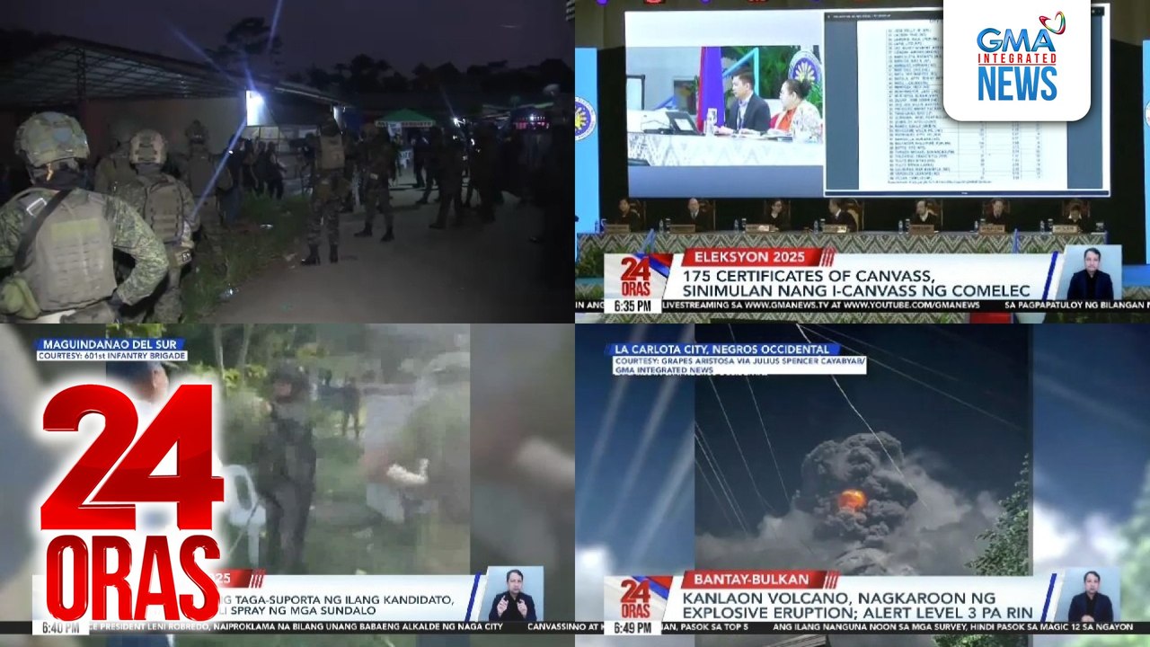 24 Oras: (Part 1) Ilang sundalo't pulis, nagpakawala ng warning shots sa ilang polling precinct sa Marawi City; mga lokal na kandidatong ipinroklama na s ilang bayan at lungsod; Kanlaon Volcano, nagkaroon ng explosive eruption, atbp.