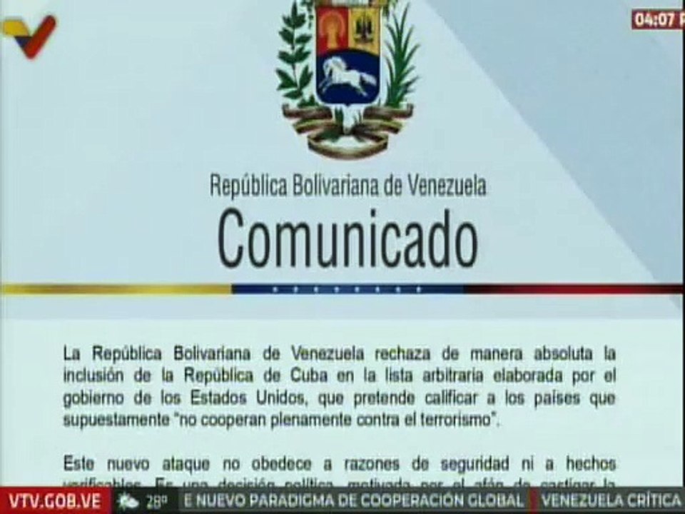 Venezuela rechaza inclusión de Cuba en la lista de países que "no cooperan" contra el terrorismo